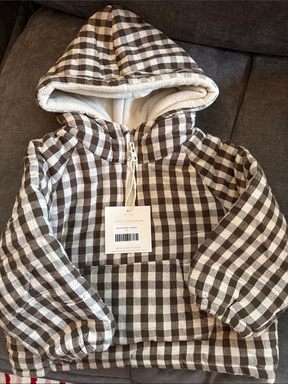 Fostered Collection Kids Check Hooded Pullover Sweatshirt in Brown and Cream